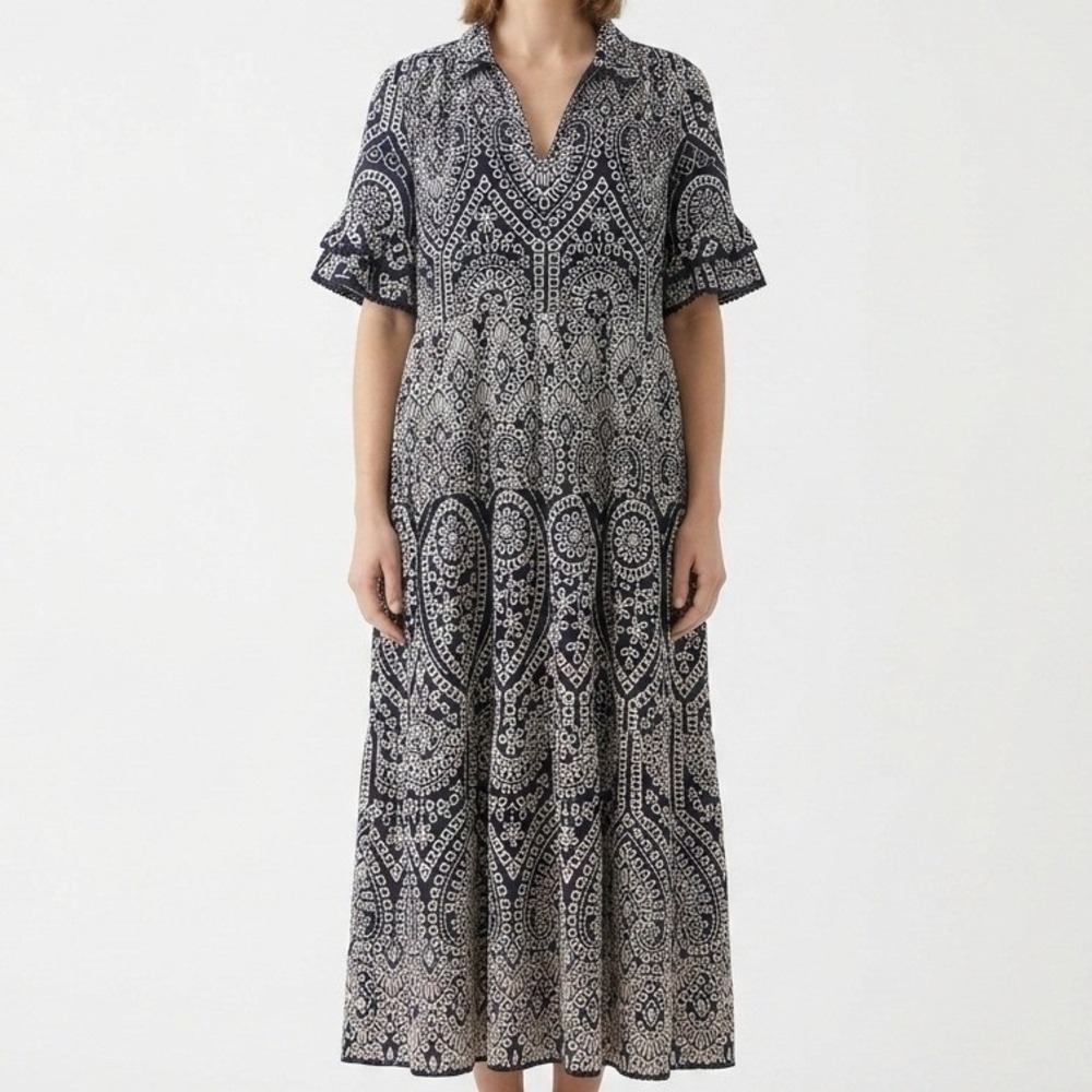 Chico's Maxi Dress Womens 2.5 US 14 Navy Blue White Eyelet Tiered Sundress NWT